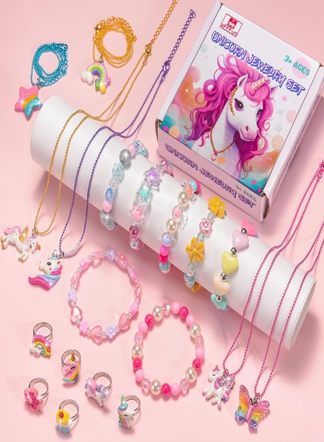xFFFun Kids Jewelry for Girls 4-6, Little Girls Play Jewelry Set for Toddlers Age 3-5 6-8, Childrens Princess Costume Dress Up Necklace Bracelets Rings, Unicorn Birthday Gifts for 3 4 5 7 6 8 Year Old - Image 2